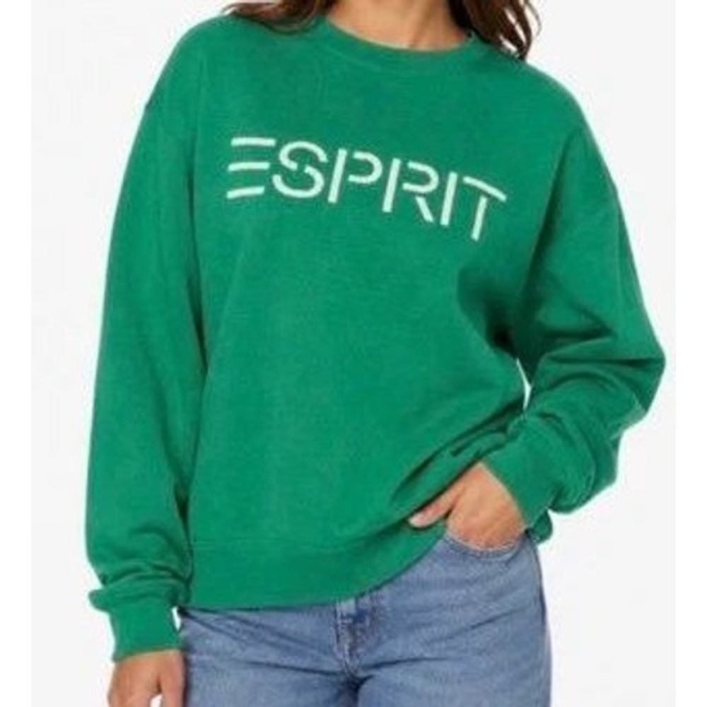 Esprit Sweatshirt Women M Green Pullover Embroidered Logo Fleece Crewneck NEW